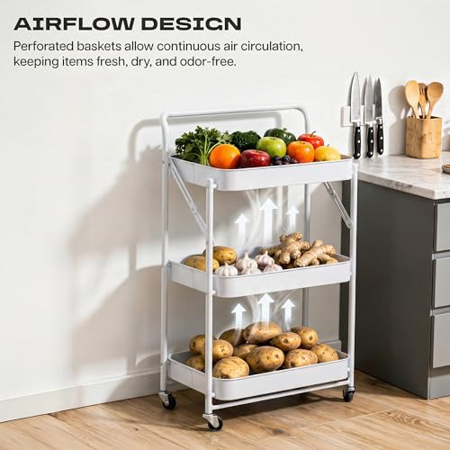 Image of Multipurpose Foldable Kitchen Storage Trolley with Handle | Heavy Metal 3-Tier Utility Cart for Storage | Portable Cart for Kitchen, Bedroom, Office | Kitchen Rack with Lockable Wheels (White)