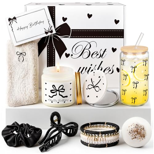 Elegantes Geburtstagsgeschenk für Frauen Schwarze Schleifen Geschenkbox als exklusives Wellness Geschenkset mit Duftkerze Badebombe & stilvollen Beauty Accessoires