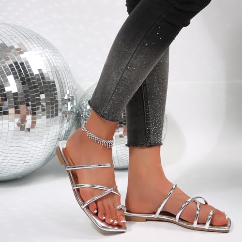 Image of GORGLITTER Women's Metallic Strappy Sparkly Square Toe Cute Dressy Sandals | Sandals Women Comfortable, Dressy Sandals, Slip on Slides, Rose Gold Slipper, Summer Slides