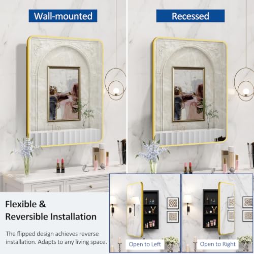 Image of ACEMIRO 24x30 Inch Bathroom Medicine Cabinet with Mirror Gold Metal Framed Recessed or Surface Wall Mounted Mirrored Medicine Cabinets for Bathroom