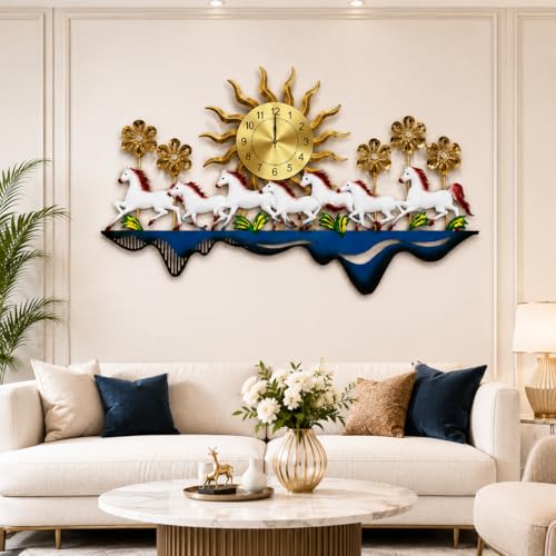 Image of Decorative Metal Running Horse Wall Clock Modern Luxury Wall Art for Living Room Dining Area Office Hotel Interior Design (Size 50x24 Inch)