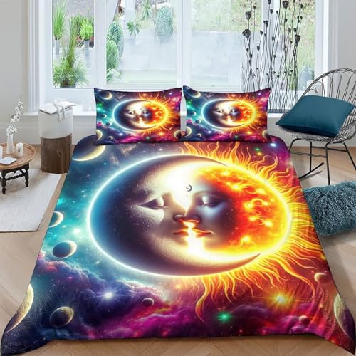 XPZABCDEG Sol y Luna Juego De Funda Nórdica 3D De Dualidad Cósmica 3 Piezas para Niñas Y Niños Diseño Único Decoración Dormitorio Juvenil Y Minimalista King（220x240cm）