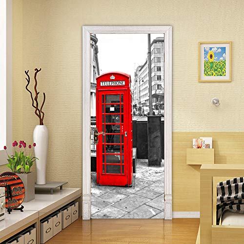 Pegatinas Puerta 3D Autoadhesivo Stickers Murales - Cabina telefónica - Papel Pintado de la Puerta PVC Retirable Dormitorio Pegatinas Decorativas de Puerta 77 x 200 cm Cover