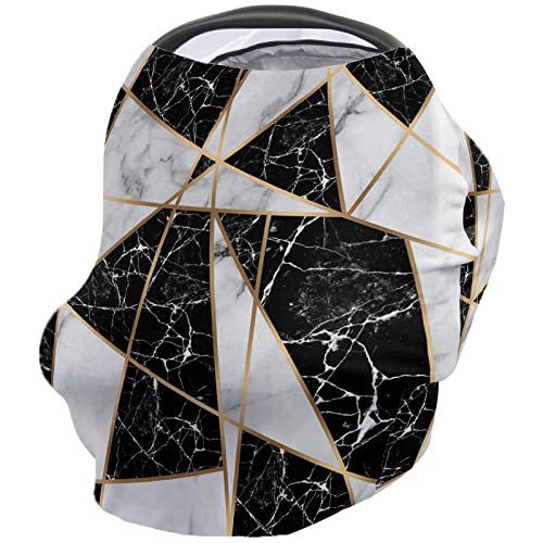 Image of Baby Car Seat Covers, Marble Nursing Cover Breastfeeding Scarf Soft Breathable All-in-1 Stretchy Coverage, Infant Stroller Cover Carseat for Boys Girls, Black White Marble Texture with Golden Lines