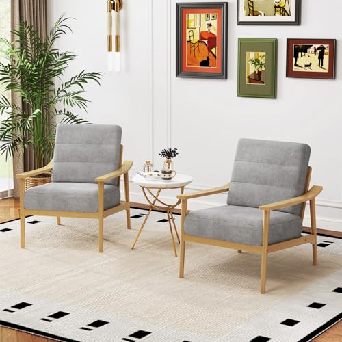 Image of Giantex Mid Century Modern Accent Chair Set of 2, Max Load 440 LBS Upholstered Living Room Chair w /Rubber Wood Armrests & Legs, Removable Back Cushion, Comfy Reading Arm Chair for Bedroom