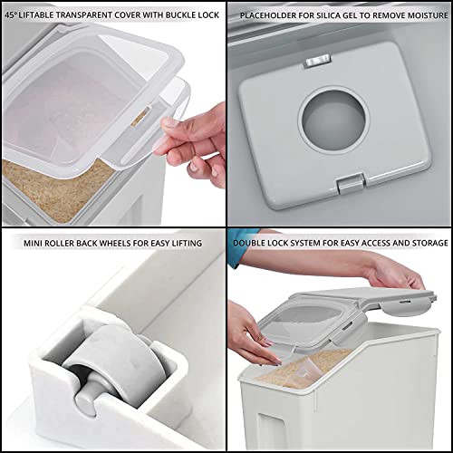 Image of ABOUT SPACE 1 Pack Rice Dispenser (15Kg) Airtight Rice Storage Container with Measuring Cup - Rice Barrel Dispenser, Moisture Proof Organiser for Cereals, Grains, Pulses & Pet Food - Grey - Plastic