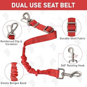 GAMUDA Dog Harness, Collar and Seat Belt Set, Vehicle Safety Harness, Retractable Adjustable Pet Seatbelts with Travel Strap and Carabiner for Most Cars (Red, M)