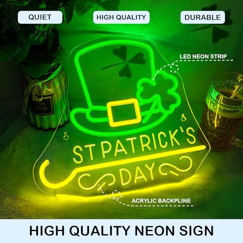 Image of Horseneon St Patricks Day Neon Sign Shamrock Neon Light LED Signs St Patricks Day Decorations Dimmable Green Gold Colors for Wall Art Bedroom Living Room Home Bar Decor