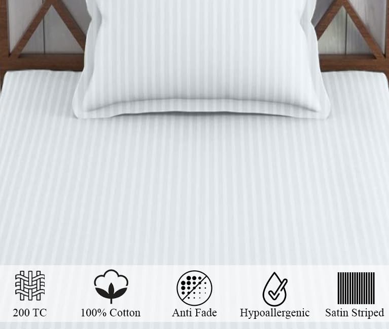 Image of Trance Home Linen 100% Cotton 200 TC Satin Stripe Single Bedsheet with Pillow Cover | Fade-Resistant, Soft & Hypoallergenic |Flat Bedspread for Single Mattress - (54 x 90 inch, White)
