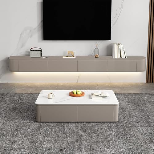 Image of Floating TV Stand Wall Mounted - Wall Entertainment Center with Flip-Down Doors & Drawers, Modern Hanging TV Shelf for Living Room, Media Console for 65 /75 80 Inch TVs (Khaki, 86.6IN /220CM)