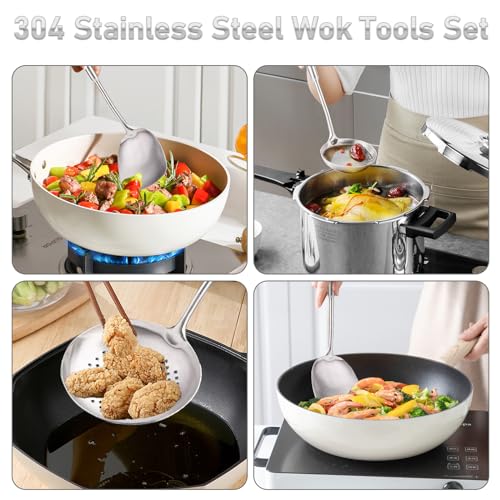 FJNATINH 4-Pieces 304 Stainless Steel Wok Spatula Set,Cooking Utensil Set,Soup Ladle Colander,Nonstick Kitchen Cooking Utensils Set with Spatula,Kitchenware Tools - Image 5