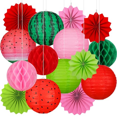 Raiten 18 Pcs Watermelon Party Decorations Summer Party Decorations Watermelon Paper Lantern Hanging Honeycomb Ball Lanterns Fruit Themed Party Supplies Hawaiian Tropical Hanging Ornaments