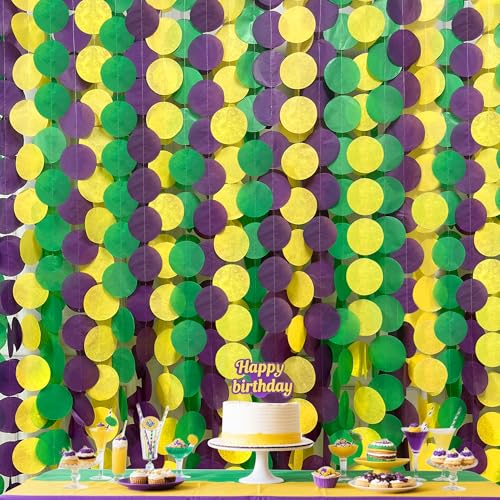 Image of 205 Ft Mardi Gras Party Decorations Purple Green Yellow Circle Dot Backdrop Garland Tissue Paper Polka Dots Hanging Streamer for Mardi Gras Birthday Wedding Baby Shower Masquerade Party Supplies