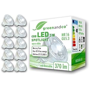 greenandco Ledspot, MR16 GU5.3, halogeenspot, warmwitte COB ledspot, 38°, 12 V AC/DC, met veiligheidsglas, niet dimbaar