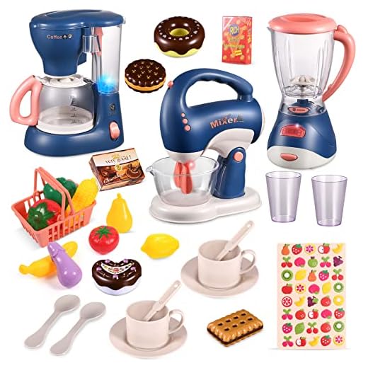 Utensilios de Cocina Juguetes,Accesorios Cocina Juguetes con Cafetera,Licuadora,Batidora,Sonidos y Luces,Juguete Educativo Regalo para Niños Niñas 3 4 5 Años