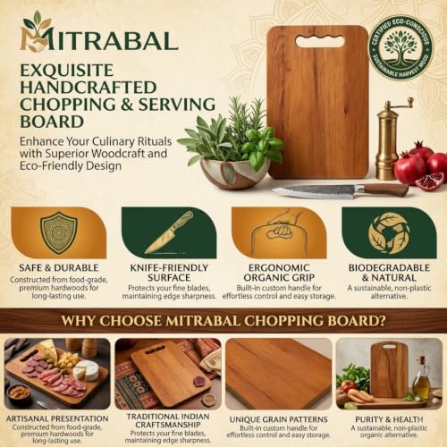 Image of Wooden Bamboo Cutting Board with Antibacterial Surface with Stainless Steel Handle, Chopping Board for Kitchen, Cutting Board for Kitchen(Wooden Chopping Board 22 x 32 CM)