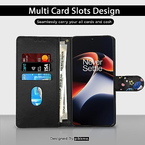 Image of Pikkme OnePlus 11R 5G Flip Cover for Girls Leather Finish | Inside TPU with Card Pockets | Wallet Stand and Shock Proof | Complete Protection Flip Case (Black Flower)
