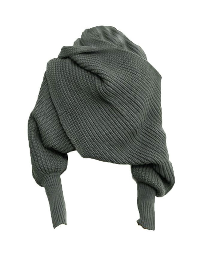 ikasus Women Winter Autumn Sweater Scarf Wrap with Sleeve, Fashion Solid Color Knitted Wrap Scarf Knitted Shawl Cape with Sleeve