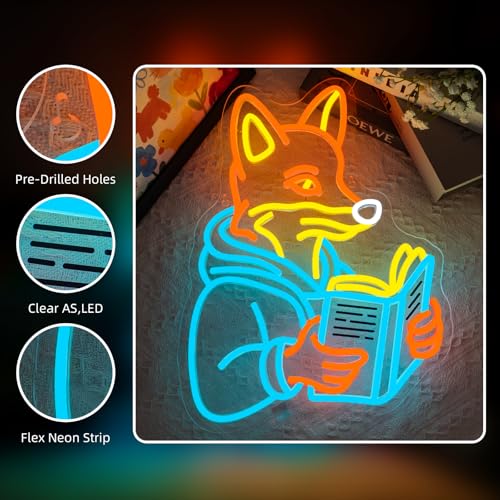 Image of Fox Reading Book Neon Sign Animal Books Neon Wall Decor Colorful Neon Lights for Library Bookshelves Classrooms Bedrooms Wall Art Decoration Classroom LED Light Sign Art Gifts for Book Lovers