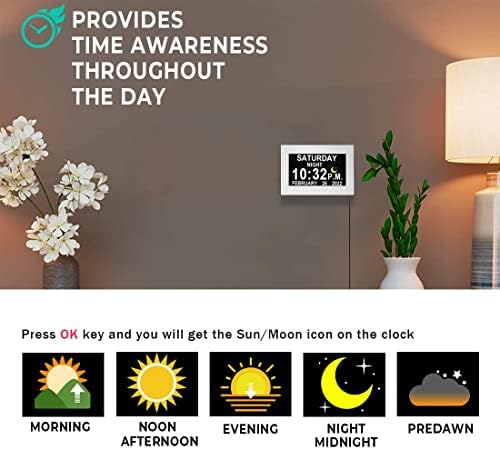 Véfaîî Newest, Dementia Clock 2.0 with 15 Custom Reminders and Sun/Moon icons, Day Clock with Extra Large Display Helps with Memory Loss, Alzheimer's, 7 Inch with Remote Control