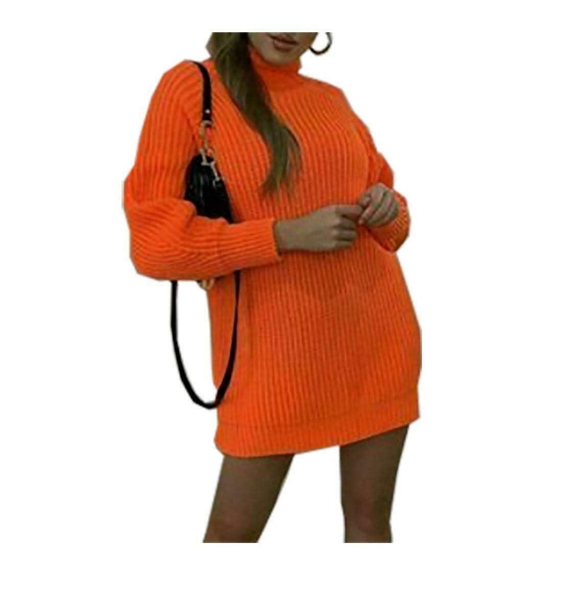 FASHION 7STAR Womens Long Sleeve Fluorescent Polo Roll Neck Jumper Ladies Chunky Knitted High Neck Sweater Neon Orange