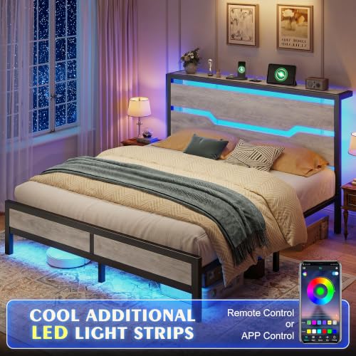 Image of Homkdom Metal Queen Bed Frame with LED Storage Headboard & USB Ports Grey | Underbed Storage for Saving Space, Noise-Free Quiet Sleep Setup for Master Bedroom, Couples & Modern Apartments