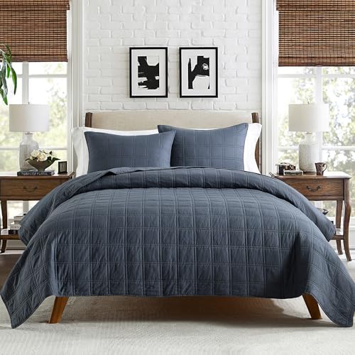 Horimote Home 100% Cotton Quilt Set King Size, Denim Blue Pre-Washed Bedspreads Coverlet Set In Geometric Pattern thumb #2