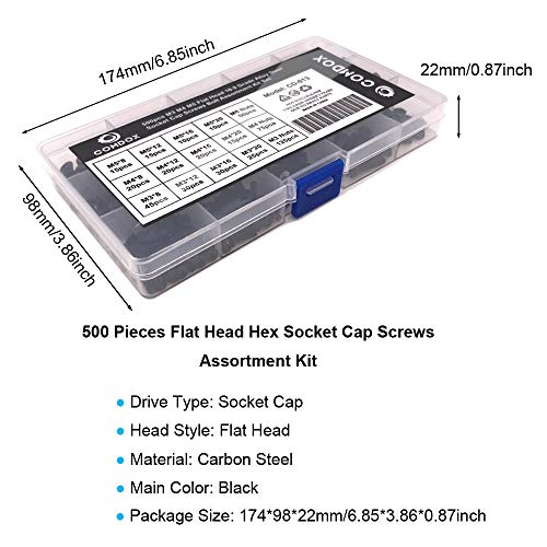 Comdox 500pcs Alloy Steel Socket Cap Screws Hex Head Bolt Nuts Assortment Kit with Box, M3 M4 M5 Thread Size, Black Oxide Finish (Flat Head)