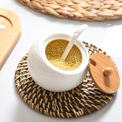 Image of Ceramic Condiment Pots, Set of 3 Condiment Spice Jar Container with Bamboo Lids and Spoon, Seasoning Spice Jar Pots for Kitchen, Coffee Bar, White