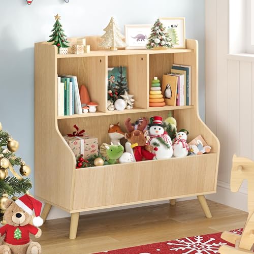 Image of Curipeer Kids Bookshelf and Toy Storage, 3-Tier Wooden Bookcase, Baby Book and Toy Storage Display Organizer with Spacious Top Shelf for Children, Family, Natural Wood Color(Large Size)
