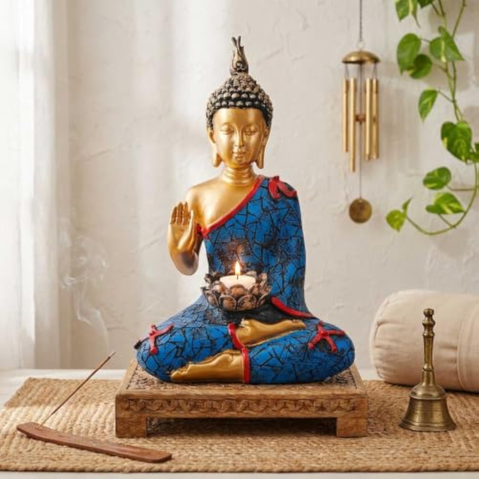 Meditating Sitting Buddha Idol Statue with Tealight Holder