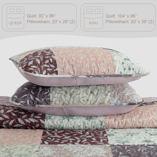 Exclusivo Mezcla Reversible Boho Quilt Set Queen Size, 3 Pieces Patchwork Brown All Season Bedspreads, Ultra Soft Floral Coverlet Bedding Set with Printed Pattern (1 Quilt, 2 Pillow Shams)