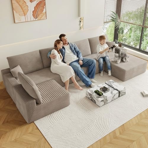 Image of Oversized Modular Sectional Sofa Couch, Large 6 Seater Corner Sofa Modern U Shaped Sectional Couch with Ottoman Cloud Couches for Living Room, Office, Spacious Space, Corduroy, No Assembly, Camel