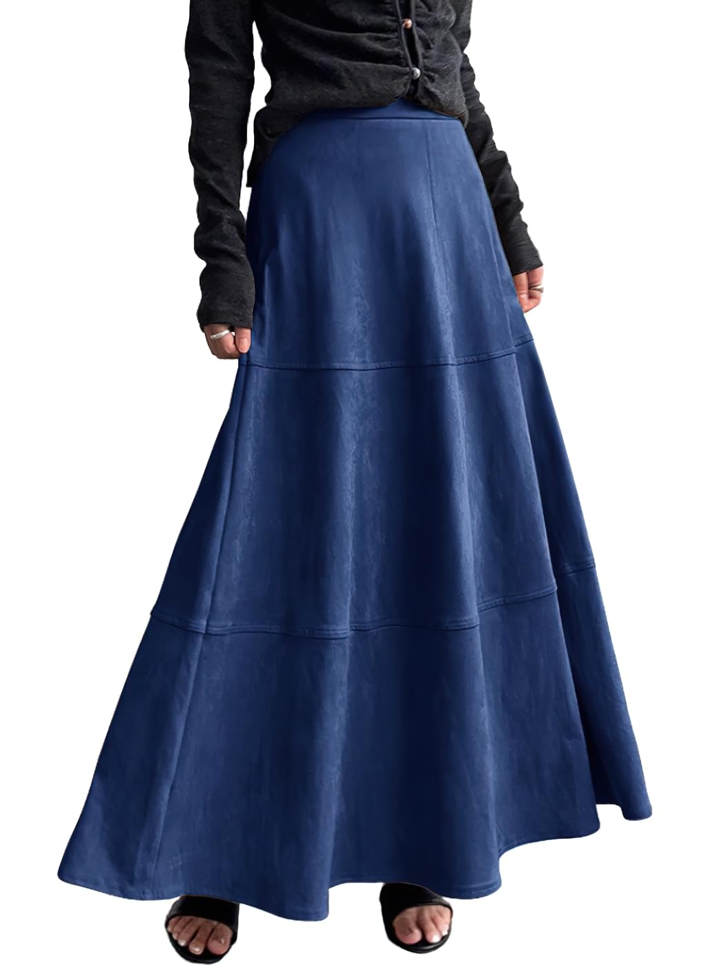 chouyatou Womens Elegant Ruffle Faux Suede Leather Skirt High Waisted A Line Fall Winter Maxi Long Skirt