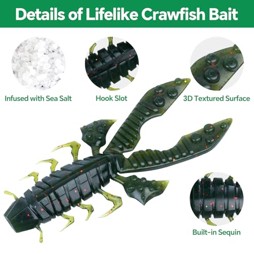 Image of Battle Craw Soft Plastic Crawfish Lures Kit with Removable Rattles | Salt Infused Creature Bait for Bass Fishing, Texas Rig & Jig Trailer Lure in Tackle Box, Realistic 1:1 Claw-to-body 4.1 /5.5in