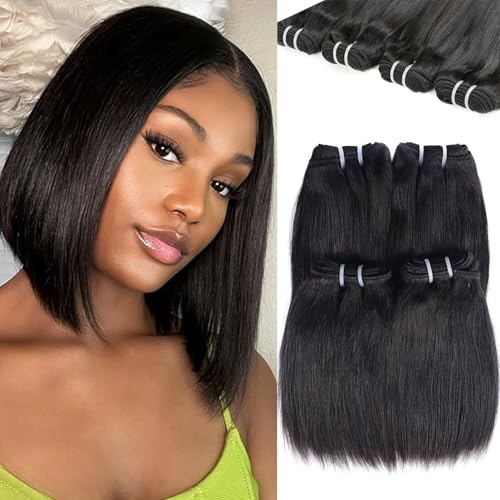 HEPAEA Straight Human Hair Bundles 8 8 8 8 Inch Brazilian Virgin Hair 12A 100% Unprocessed Straight Hair Weave Human Hair for Women（4 Bundles Human Hair,Black）