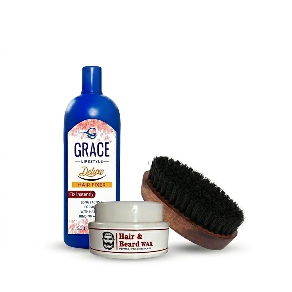 premium grooming kit – deluxe hair fixer (500ml), extra strong hold hair & beard wax, and professional boar bristle beard brush