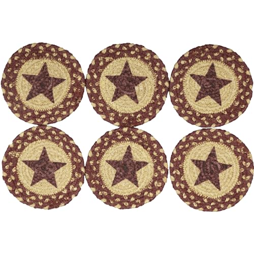 VHC-Brands-Burgundy-Tan-Jute-4-Stencil-Star-Coaster-Set-of-6-Red VHC Brands Burgundy Tan Jute 4 Stencil Star Coaster Set of 6 Red