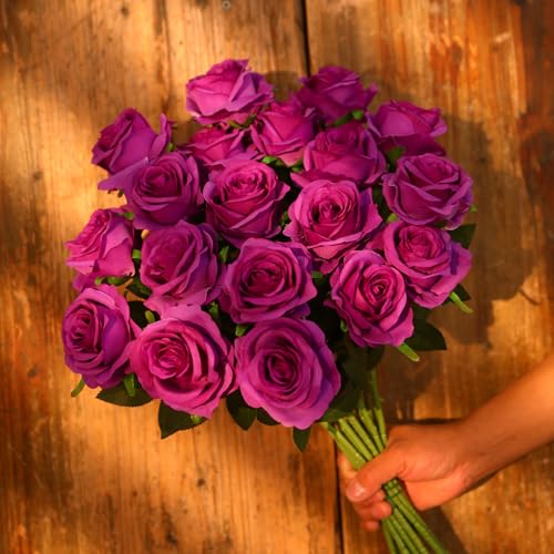 JUSTOYOU 20 PCS Purple Rose Artificial Flower,Silk Blooming Rose with Stem,Artificial Rose Bouquet Realistic Flower for Home Table Office Party Wedding Garden Arrangements(Blossom Roses purple) - Image 2