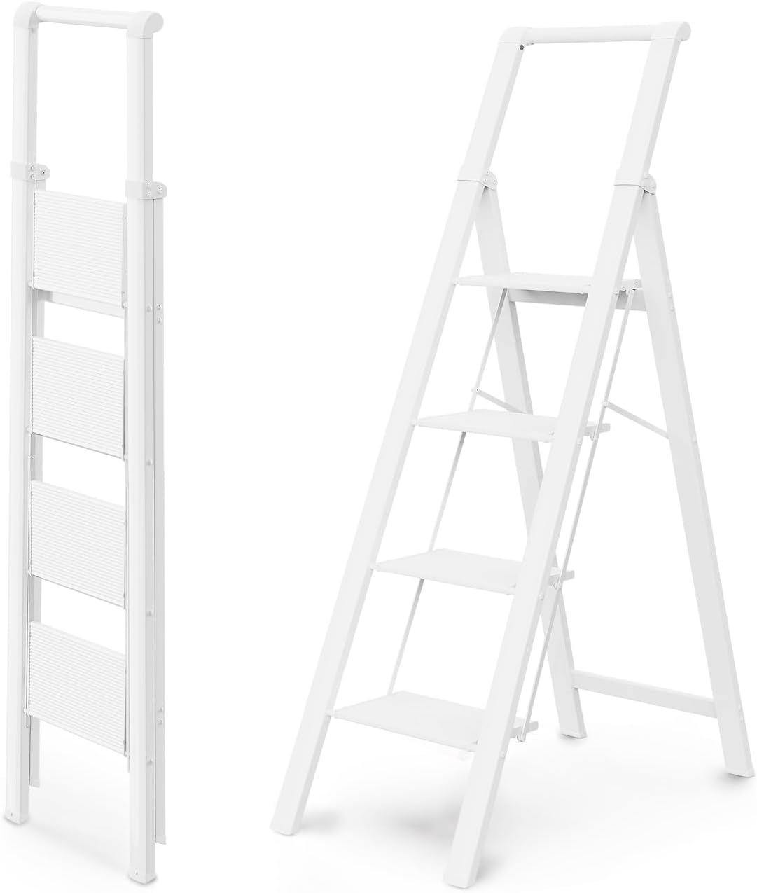 WOA WOA 4 Step Ladder, Ladders for Home, Anti-Slip Pedals, Aluminum Step Stool Foldable, Lightweight to Move, Ease of Storage, Reach 9ft for Closet Kitchen Library, Hold 300lbs - White 4 Step White