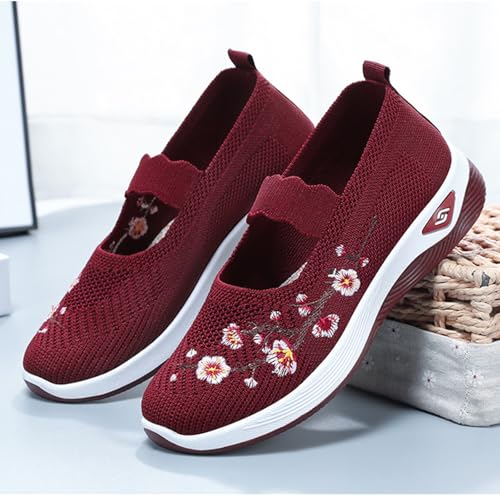 Orthopedic Shoes for Women Woven Orthopedic Breathable Soft Shoes Mesh Flower Embroidered Slip On Knit Flat Sneakers Breathable Comfortable Lightweight Casual Walking Shoe2