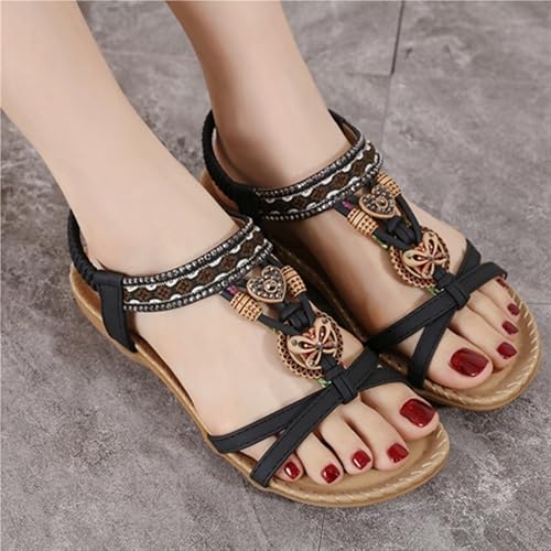 Women's Flat Sandals Vintage Open Toe Beach Sandals Rhinestones Arch Support Sandals with Elastic Ankle Strap3