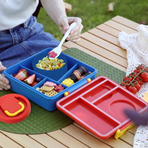 Image of House of Quirk 'NomNom' 1800ml Building Block Bento Lunch Box with 300ml Bowl, Microwave Safe, 3 Compartments, Spoon, Fork & Knife for School, Office & Picnic (Red /Blue)