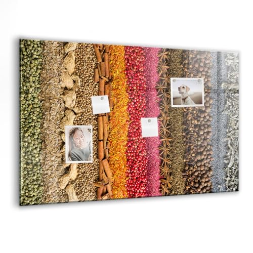 Tableau en verre magnétique 90x60 cm effaçable à sec avec motif de rangées d'épices pour cuisine