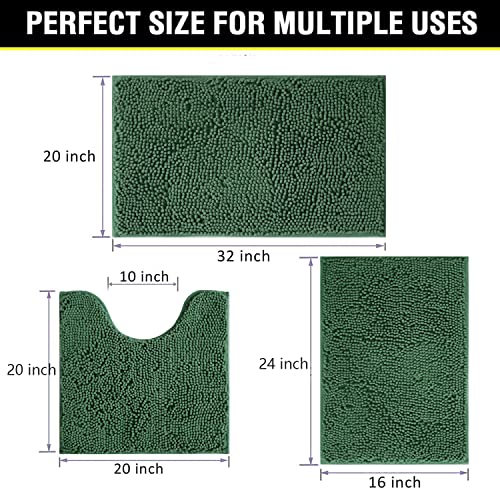 Image of Green Bathroom Rug Chenille 3-Piece Extra Soft and Absorbent Shag Bath Mat Set, Machine Wash Bathroom Rug Set, Strong PVC Non-Slip Underside, Plush Carpet Bath Mat (Dark Green)