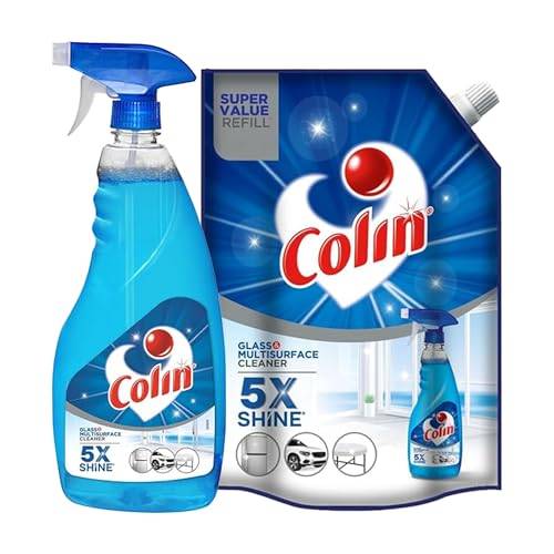 Image of Colin Glass and Surface Cleaner Liquid Spray, 750 ml With 1 Litre Refill | India's #1 All-Purpose Glass Cleaner | Glass Cleaner for Car, Kitchen and Home Surfaces | Multi Surface Cleaner