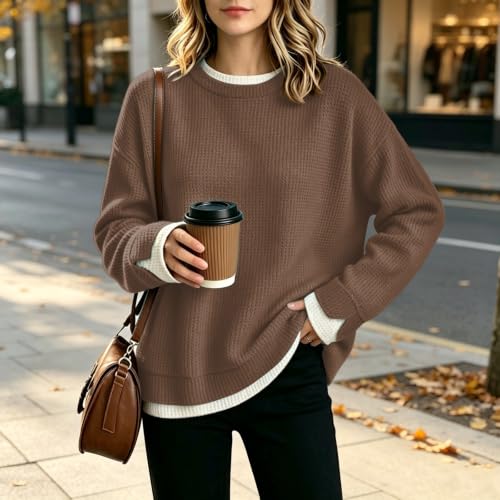 Crew Neck Sweatshirts Women Waffle Long Sleeve Oversized Sweatshirt Fall - image 6