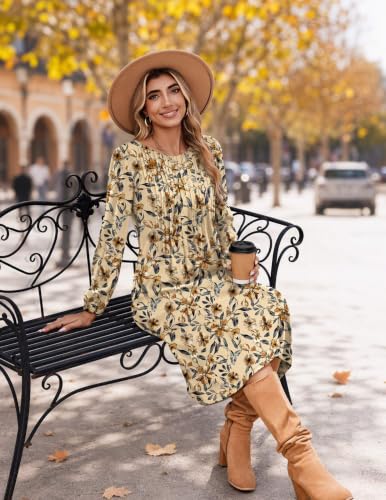 Image of Zeagoo Fall Dresses for Women Long Sleeve Midi Dress Casual A Line Dresses 2026 Pleated Flare Dress with Pockets