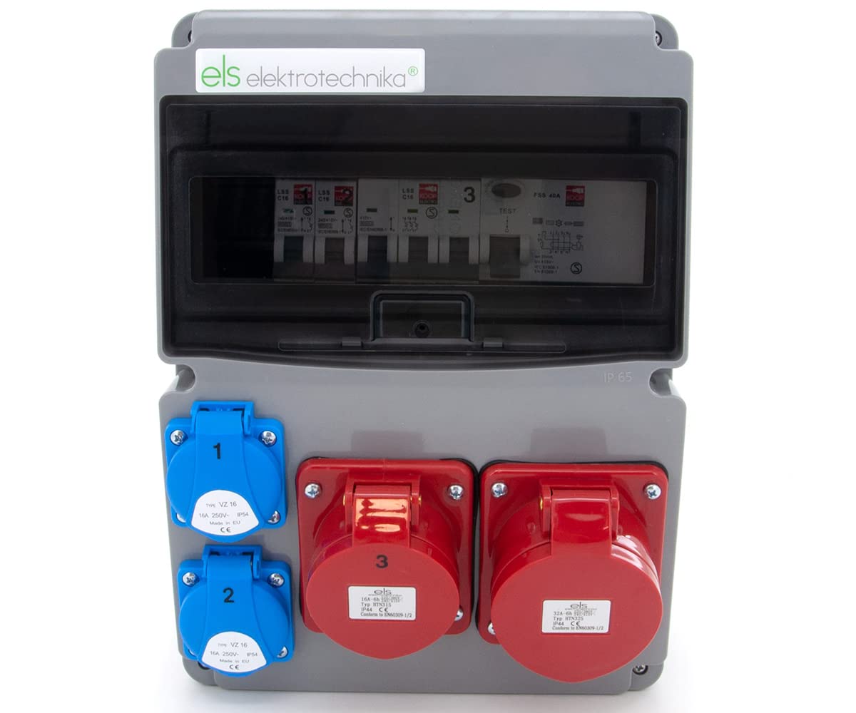 ELS Elektrotechnika Distribuidor de corriente con interruptor de protección FI + 2x Schuko de 230V, 2 interruptores de protección LS + 1x CEE 16A + 1 enchufe CEE de 32A, cableado, listo para conectar.