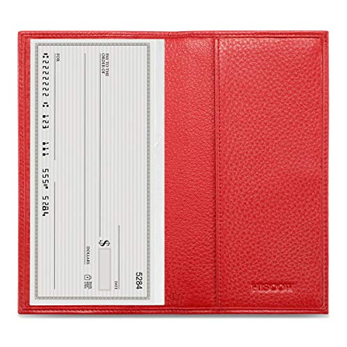 Image of HISCOW Slim Leather Checkbook Cover for Personal Checks, Pebbled Red, One Size | Full grain cowhide, transaction register & check book pockets, removable duplicate divider, durable stitching, gifts for men